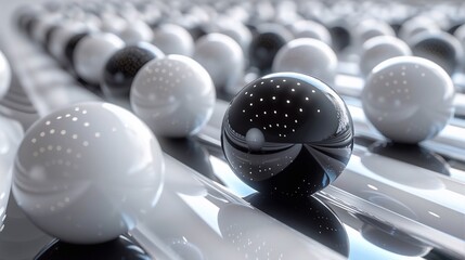 Abstract background with white and black balls on wavy glossy surface 