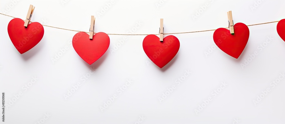 Poster a red heart is suspended on clothespins creating a copy space image against a white background