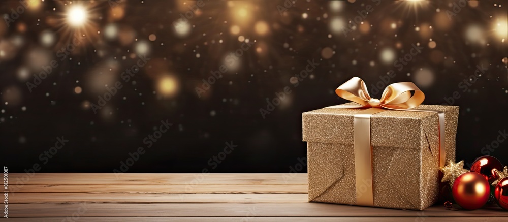 Aufkleber There is a Christmas themed giftbox on a wooden background suitable for displaying designer text The image has empty space surrounding it. Creative banner. Copyspace image