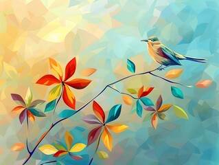 Vibrant Pinwheels Captivate an Elegant Bird in a Minimalist Art Piece - obrazy, fototapety, plakaty