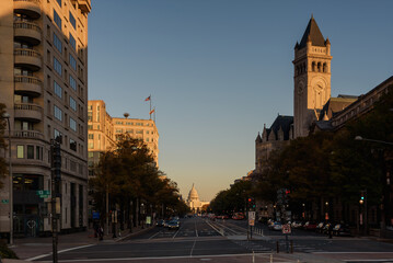 Old post office building  with the view of Capitol Building on the background, Washington, D.C.