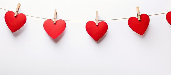 A red heart is suspended on clothespins creating a copy space image against a white background - Powered by Adobe
