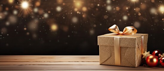 There is a Christmas themed giftbox on a wooden background suitable for displaying designer text The image has empty space surrounding it. Creative banner. Copyspace image