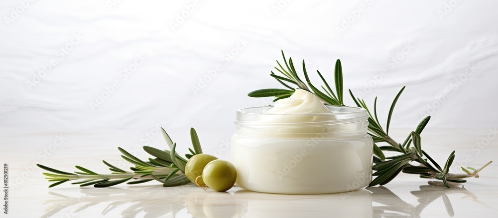 Poster a jar of natural cream accompanied by stones olives and displayed against a white background creatin