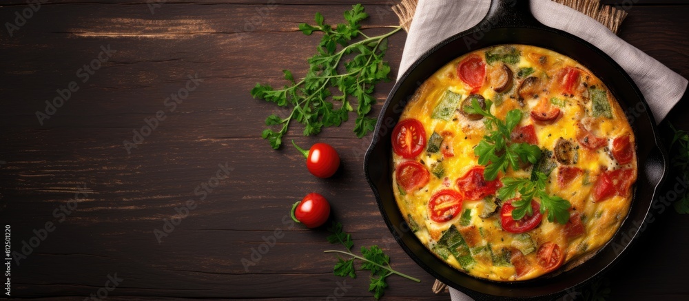 Poster Italian vegetable frittata with broccoli tomatoes and red onions cooked in an iron skillet The view is from the top providing an overhead look at the dish There is empty space around the image