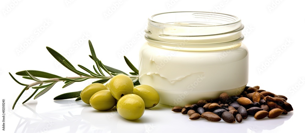 Aufkleber A jar of natural cream accompanied by stones olives and displayed against a white background creating a copy space image for text Ideal for cosmetic products