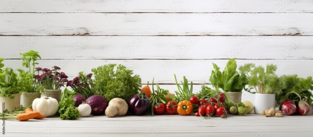 Sticker A kitchen garden with a variety of fresh vegetables and aromatic spice plants arranged on a white wooden table perfect for a copy space image