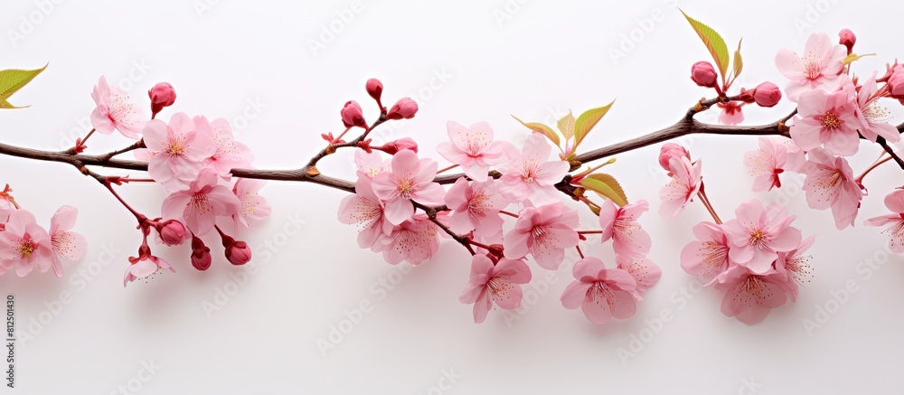 Fototapete Flat lay image of a cherry tree branch adorned with exquisite pink blossoms set against a light background Ideal for adding text. Creative banner. Copyspace image