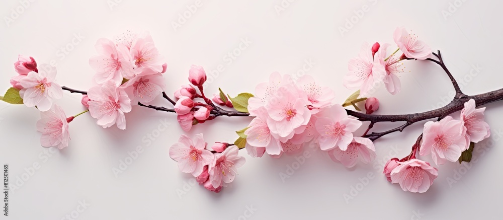 Leinwandbilder Flat lay image of a cherry tree branch adorned with exquisite pink blossoms set against a light background Ideal for adding text. Creative banner. Copyspace image
