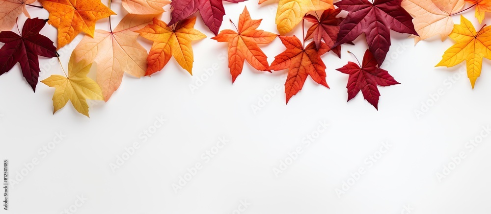 Poster Colorful autumn leaves displayed on a white table providing an inviting and visually appealing copy space image