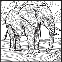 Kids coloring book with cute elephant, trees and flowers. Simple shapes, contour for small children. Cartoon vector.