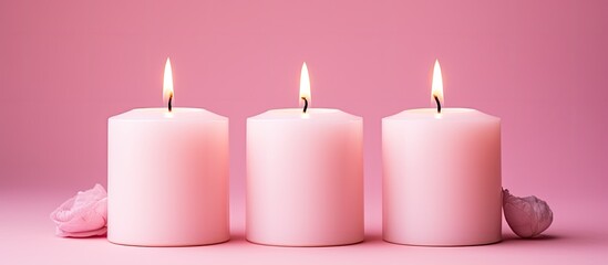 A flat lay image features three white wax candles placed on a pink background leaving ample copy space