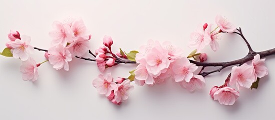Fototapeta premium Flat lay image of a cherry tree branch adorned with exquisite pink blossoms set against a light background Ideal for adding text. Creative banner. Copyspace image