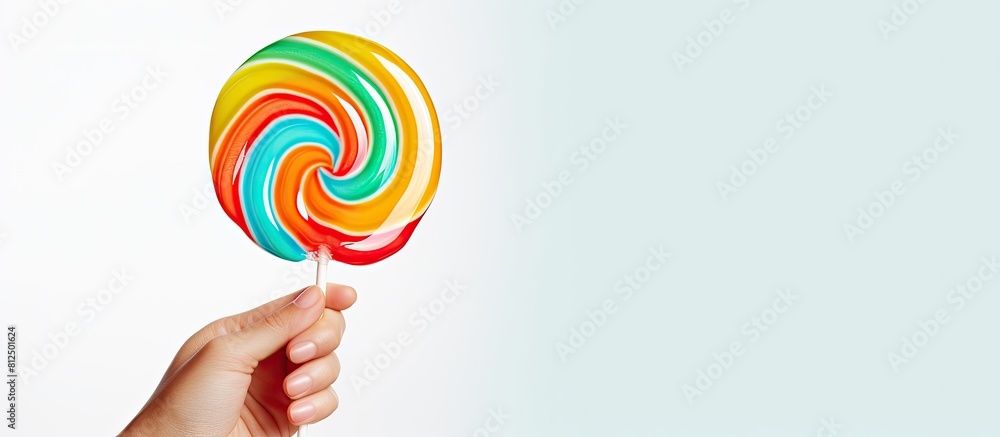 Poster A colorful lollipop held by a hand stands out with its vibrant hues The candy appears cool and refreshing It is placed against a white background providing a blank area for additional content