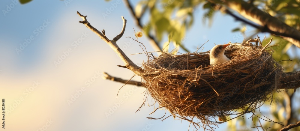 Poster A nest made by a bird perched on a tree with copy space image available