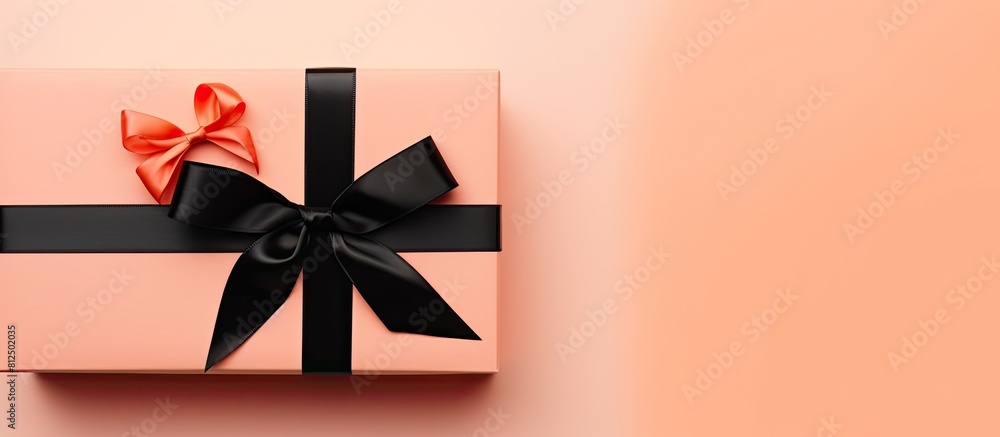 Poster a festive minimal style with a black gift box adorned with an orange bow placed on a pastel coral pi