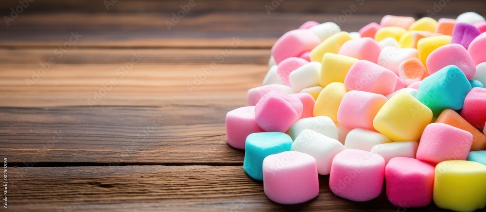 Poster Colorful mini marshmallows with candy are displayed in a closeup shot on a wooden table creating an appealing background or textured surface Ample copy space is available