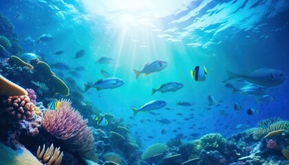Obraz premium Groups of giant Tuna fish in the underwater, coral reef, amazing underwater life, various fish and exotic coral reefs, ocean wild creatures background