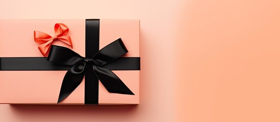 A festive minimal style with a black gift box adorned with an orange bow placed on a pastel coral pink background The arrangement is a flat lay perfect for creating copy space image