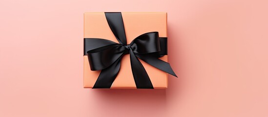 A festive minimal style with a black gift box adorned with an orange bow placed on a pastel coral pink background The arrangement is a flat lay perfect for creating copy space image