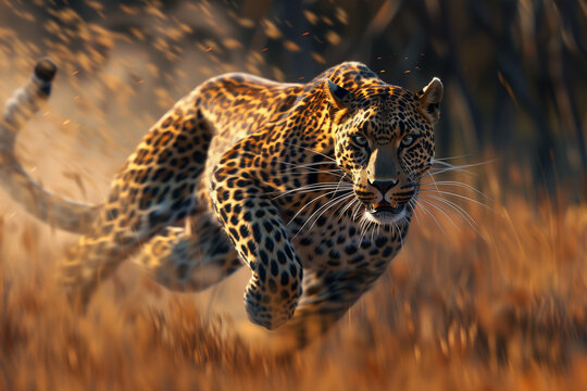 A leopard running at full speed attacking prey