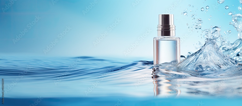 Poster a bottle of moisturizing cosmetic serum is shown against a blue background with water waves creating