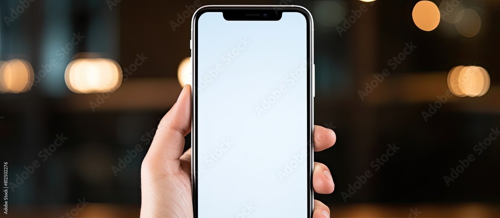 Aufkleber In the morning a man s hand taps on a smartphone with a white screen while a television screen serves as the background The smartphone s screen is blank providing space for information