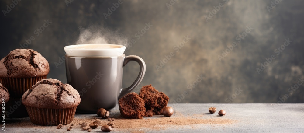 Aufkleber delicious homemade chocolate muffins and a steaming cup of white coffee sitting on a gray table back