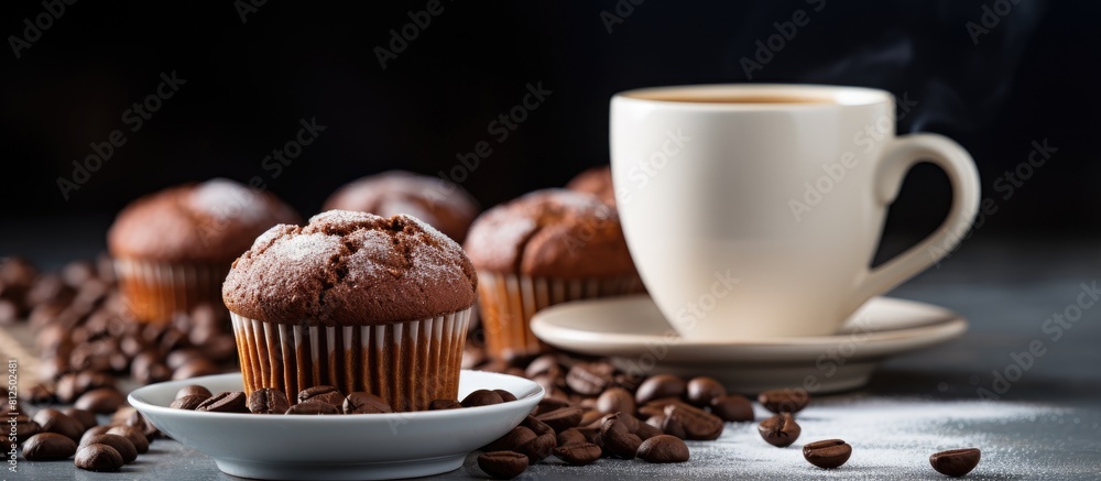 Aufkleber delicious homemade chocolate muffins and a steaming cup of white coffee sitting on a gray table back