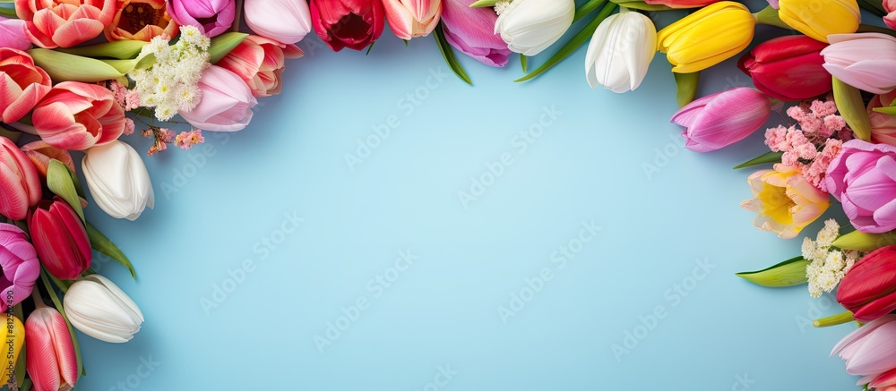 Poster A multi colored copy space image featuring a round frame of spring tulips in various vibrant shades of red pink white and yellow set against a blue background
