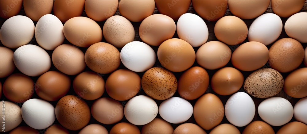 Aufkleber multiple light brown and dark brown eggs are arranged on paper panels with several laying hens posit