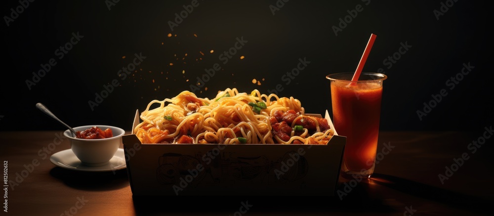 Aufkleber Noodles in a box served with food sticks and sauces allowing for a visually appealing copy space image