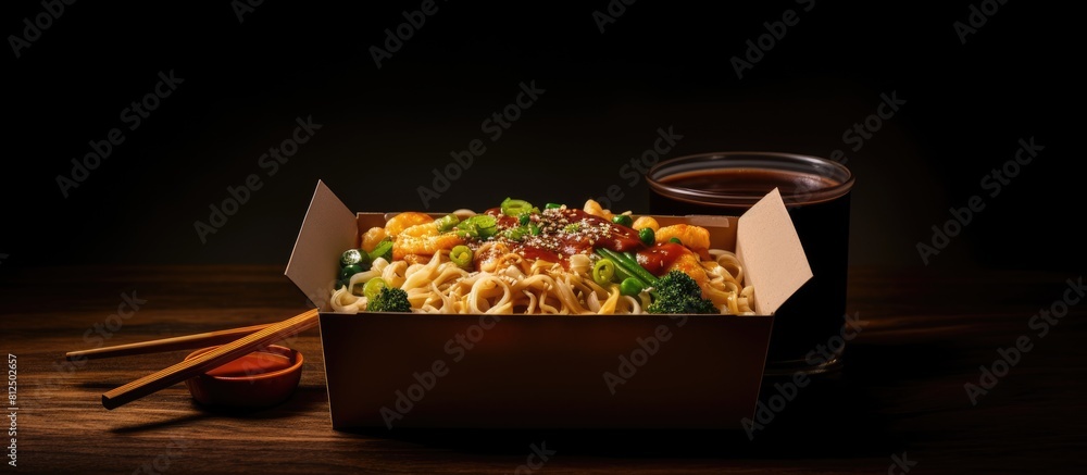 Aufkleber noodles in a box served with food sticks and sauces allowing for a visually appealing copy space ima