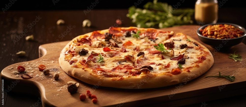 Aufkleber newly baked pizza with a delicious aroma and a perfect combination of toppings served on a wooden bo
