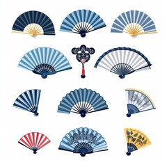 Isolated set of portable fan icons set against a white backdrop. Icons of folding and rigid fans. Vector illustration