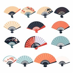 Isolated set of portable fan icons set against a white backdrop. Icons of folding and rigid fans. Vector illustration