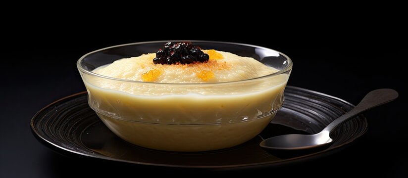 A bowl of Noah s pudding a traditional Turkish dessert is placed on a black slate background providing space for copy or additional images