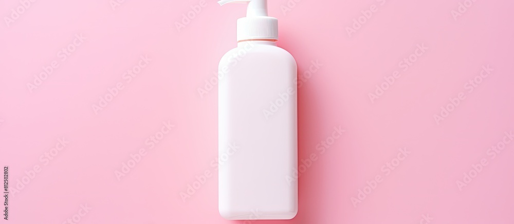 Poster a white dispenser for shampoo cream or soap is seen from a top view on a pink background with plenty
