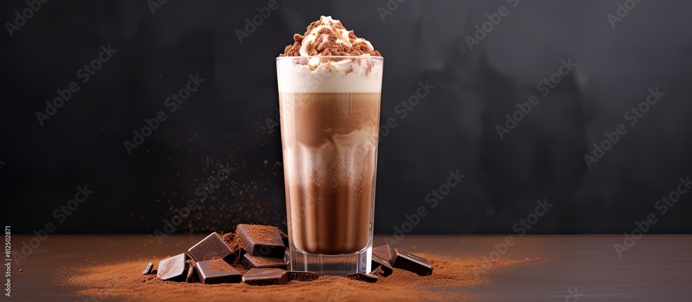 Aufkleber A milk chocolate cocktail or whipped coffee with milk and ice adorned with cocoa powder on a contrasting background with ample space for text or other images