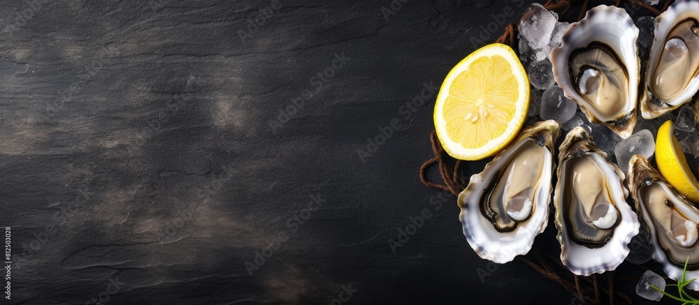 Aufkleber Overhead view of whole oysters presented on a rustic slate table accompanied by ice and slices of fresh lemon creating a captivating copy space image