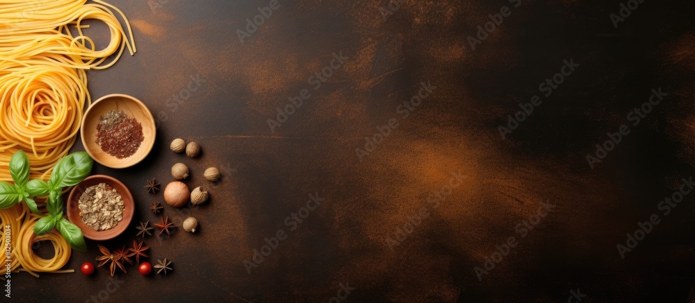 Poster organic spaghetti pasta on a menu served raw it is shown in a top view with a food background provid