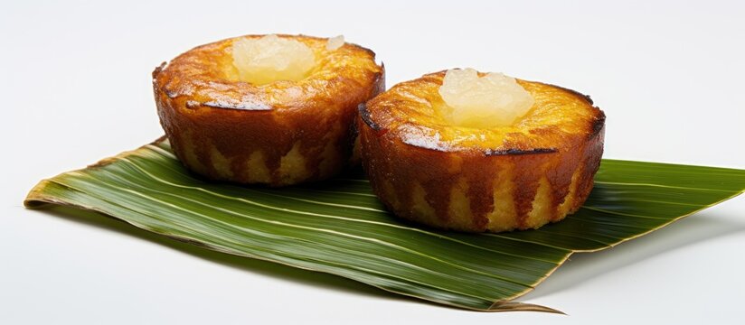 A pair of Filipino rice cakes known as Mini bibingka placed on a white backdrop These delicious treats are topped with butter and cheese and wrapped in banana leaves The image provides ample copy spa