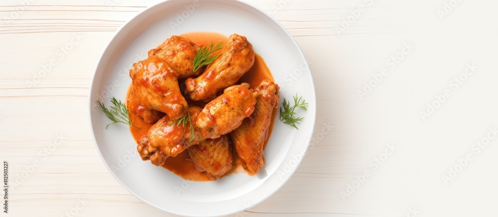 Poster top view of spicy fried chicken wings in paprika sauce presented on a white plate against a white ba