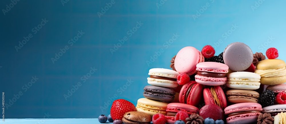 Poster French pastries and sweets such as multicolored cakes macaroons and macaroni are beautifully displayed on a blue background with copy space image