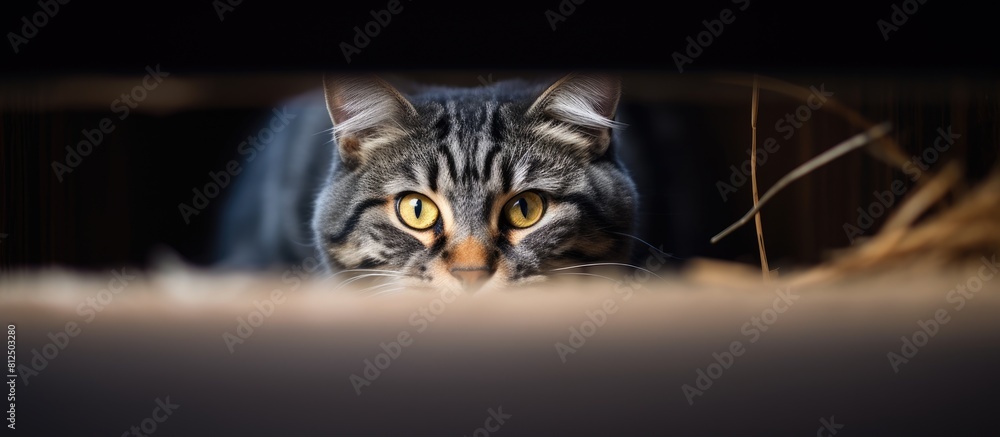 Poster The cat peeks out of the box revealing its curious nature The empty space surrounding it is perfect for a copy space image