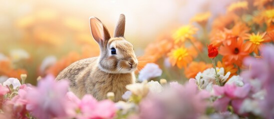 Fototapeta premium A cute bunny peacefully sits among a vibrant array of flowers creating a picturesque scene with plenty of copy space in the image