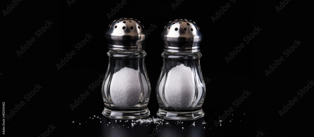 Poster a photo of salt and pepper shakers placed on a table with a black background provides ample space fo