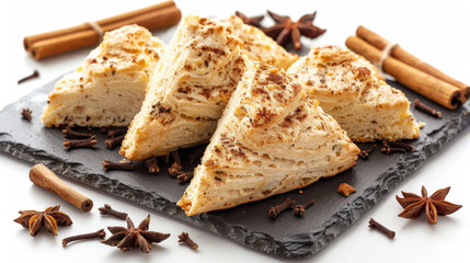 Chai-spiced Scones on slate tile, isolated on white background. Traditional Scones. Dessert.