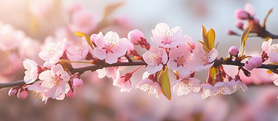A photo of pink almond flowers blooming in a bunch on a tree with a blurred background providing ample copy space image
