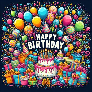 birthday cards card with a cake and balloons image art realistic photo illustrator illustrator.